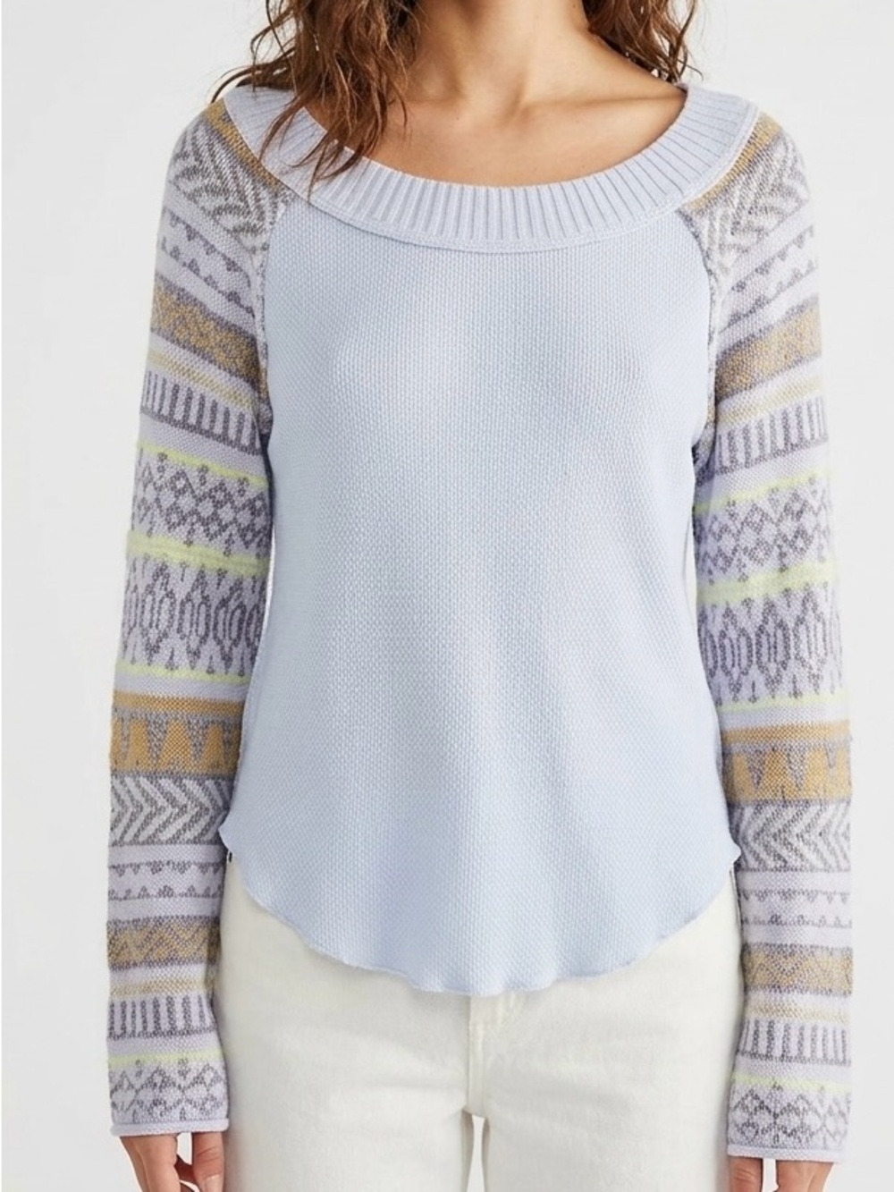 Free People Fairground Thermal Top Size S Periwinkle Blue Pattern Sleeve Boho